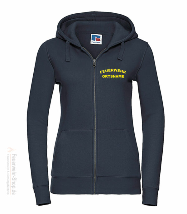 Feuerwehr Premium Damen Kapuzen-Sweatjacke Rundlogo mit Ortsnamen