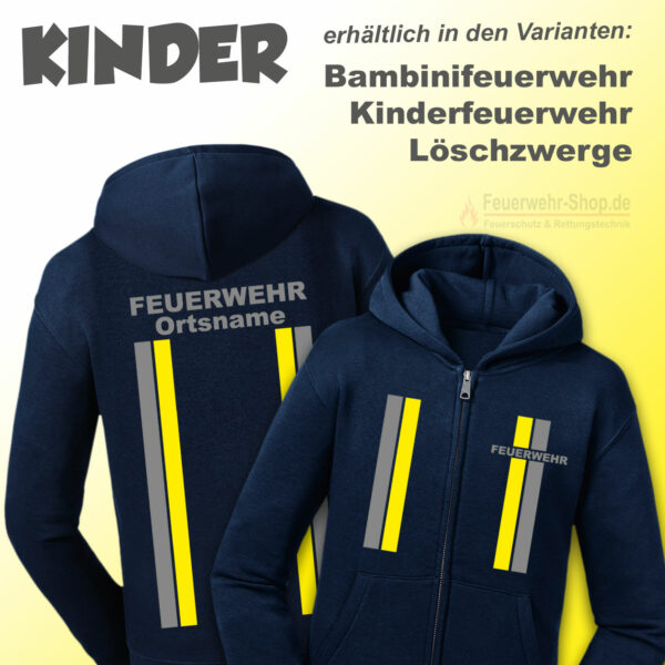 Kinderfeuerwehr Premium Kapuzenjacke im Einsatzlook silber/gelb mit Ortsname