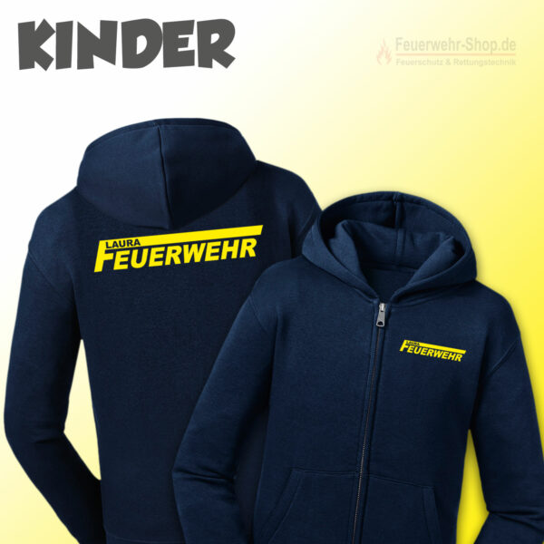 Kinderfeuerwehr Premium Kapuzenjacke Rundlogo mit Name im Logo