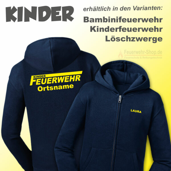 Kinderfeuerwehr Premium Kapuzenjacke Logo mit Name und Ortsname