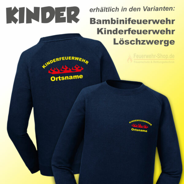 Kinderfeuerwehr Premium Sweatshirt Rundlogo mit Flamme und Ortsname