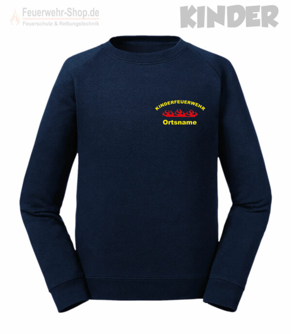 Kinderfeuerwehr Premium Sweatshirt Rundlogo mit Flamme und Ortsname