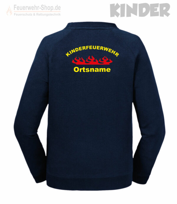 Kinderfeuerwehr Premium Sweatshirt Rundlogo mit Flamme und Ortsname